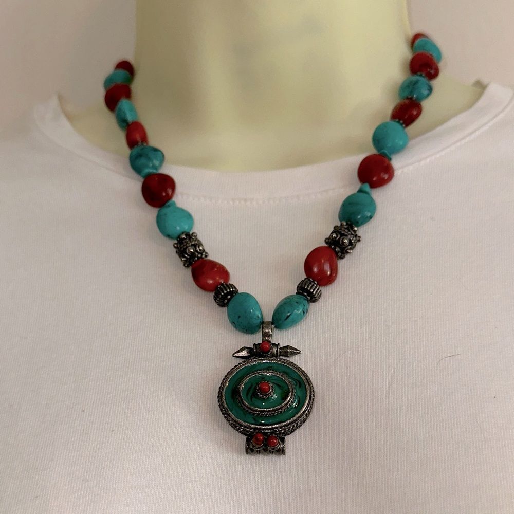 Turquoise & Red Beaded Necklace -turquoise enamel painted silver tone pendant